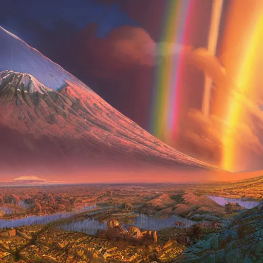 Image similar to a detailed matte painting of noah's ark, double rainbow in a clear blue sky, mount ararat, art by dan mumford and yusuke murata and makoto shinkai and ross tran, cosmic, heavenly, god rays, intricate detail, cinematic, 8 k, cel shaded, unreal engine, featured on artstation, pixiv