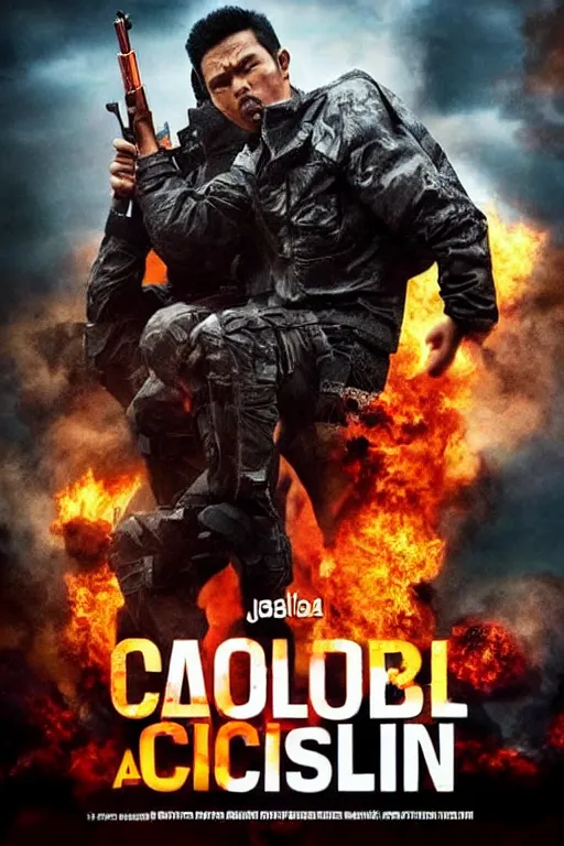 Image similar to movie poster, indonesian action movie, colossal, indonesia city, explosion and action