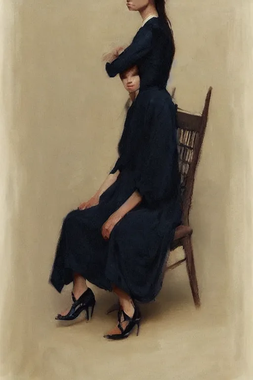 Prompt: girl with long hair, silk dress, high heels, sitting on designer chair, by jeremy lipking