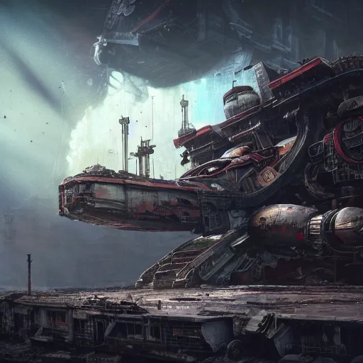 Prompt: “a beautiful highly detailed matte painting of a huge derelict cargo starship, Space Hulk, WarHammer 40k by Jose Daniel Cabrera Pena and Leonid Kozienko, concept art by Tooth Wu and wlop and beeple and dan mumford and greg rutkowski and nekroxiii. octane render, cinematic, hyper realism, octane render, 8k, iridescent accents. vibrant, teal and gold blue red dark noir colour scheme”