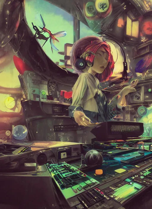 Prompt: surreal gouache painting, by yoshitaka amano, by ruan jia, by Conrad roset, by good smile company, detailed anime 3d render of a medicine pills Surrounded by a magical dragonfly and a big DJ Mixer, deck, portrait, cgsociety, artstation, rococo mechanical and Digital and electronic, dieselpunk atmosphere