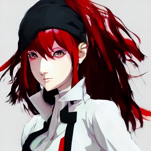 Prompt: anime girl with red hair in the style of shigenori soejima, persona 5, digital art, concept art, illustration, digital painting, artstation