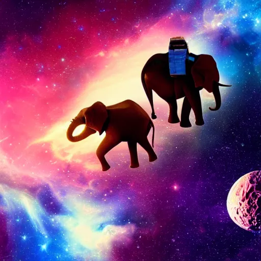 Prompt: astronaut riding! an elephant!! in space, colorful nebula in the background, photorealistic Octane render,