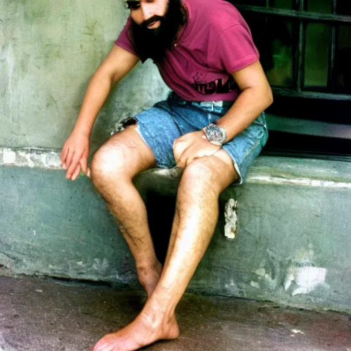 Prompt: fidel castro posing while wearing denim shorts, full body portrait, 3 5 mm film, by nan goldin