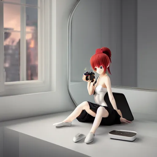 Image similar to cute fumo plush of a plastic shining robot girl in the mirror looking at reflection, not the same person, anime, vray, asymmetry