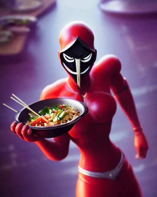 Image similar to movie still macro close photo of anonymous holding stirfry to face, by weta disney pixar greg rutkowski wlop ilya kuvshinov rossdraws artgerm octane render iridescent, bright morning, liosh, mucha