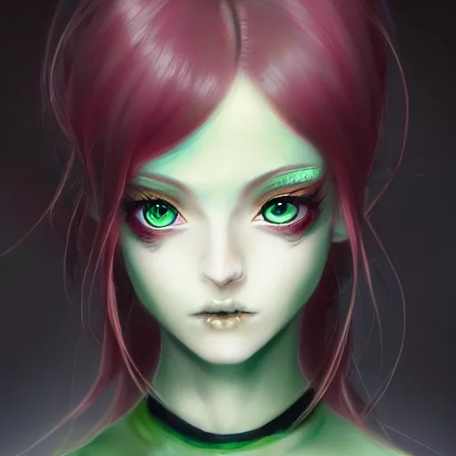 Image similar to facial portrait of a young pretty anime woman, green hair, dark eyes, gothic eyeliner, headshot, Charlie Bowater, Anna Dittmann, WLOP, Rumiko Takahashi, Akihiko Yoshida, Hyung-tae Kim, alexander mcqueen, trending on Artstation