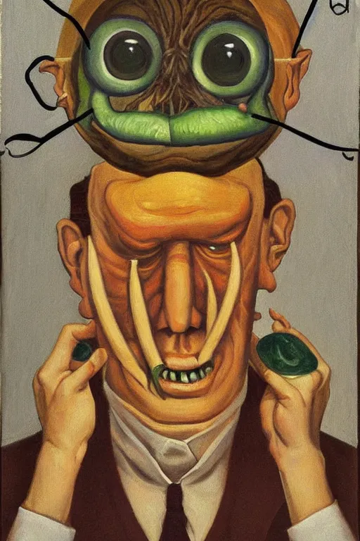 Prompt: a painting portrait of a mutant with six eyes, two noses and three mouths character art, painting by grant wood
