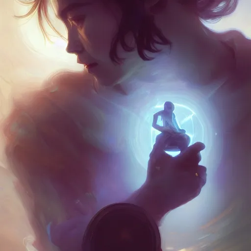 Image similar to A man drinking a cup of cosmic energy bright light, illustration by Ruan Jia and Mandy Jurgens and William-Adolphe Bouguereau, Artgerm, 4k, digital art, surreal, anime style, space dandy style, highly detailed, godsend, artstation, digital painting, concept art, smooth, sharp focus, illustration by Ruan Jia and Mandy Jurgens and William-Adolphe Bouguereau, Artgerm