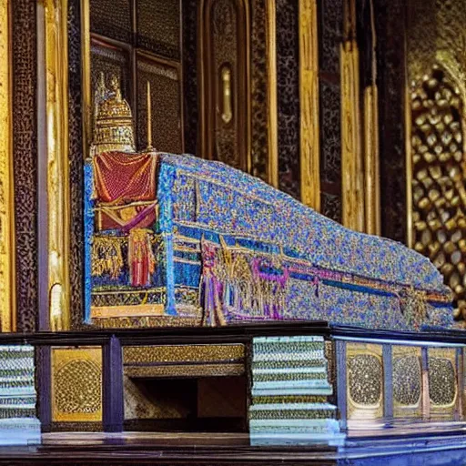 Prompt: a beautiful tomb in which the king's body has been perfectly preserved dressed in all his regal finery. there is no decay or blemish. his body is frozen in time and his body can clearly be seen sitting on his throne as perfect as in life
