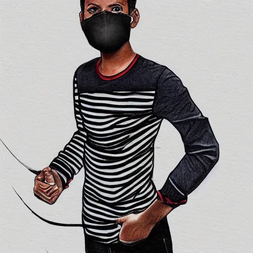 Prompt: professional pencil sketch of a full-body view of a stylish young adult man with short hair wearing a black face mask, a striped long-sleeved shirt, and ripped skinny jeans, high quality, HD, 8K, highly detailed, award-winning