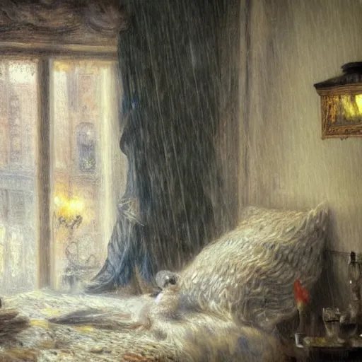 Image similar to on a rainy day, someone in home sits in bed, curled up under the covers, watching the rain outside the window, cinematic, artstation, extremely detailed, intricate, cinematic lighting, art by pierre - auguste renoir, arie johannes lamme, greg rutkowski