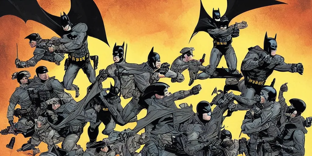 Prompt: Batman fighting mall-cops. Epic painting by James Gurney and Laurie Greasley.