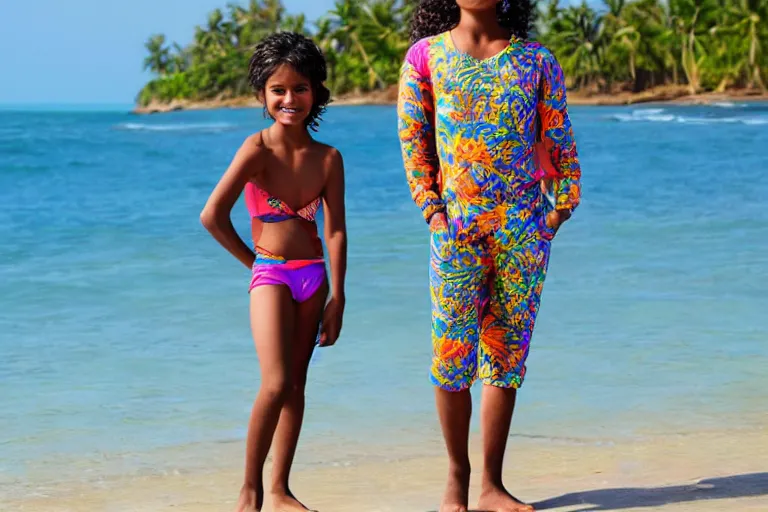 Prompt: a happy sri lankan girl in swinsuit at the beach with iridescent skin by kehinde wiley