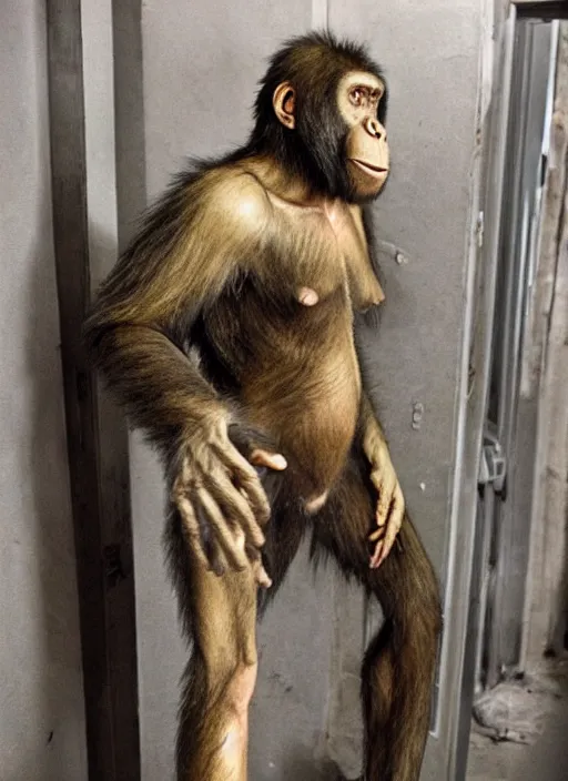 Prompt: scary hybrid human - ape, half human half ape inside fuse box in post communist apartment building