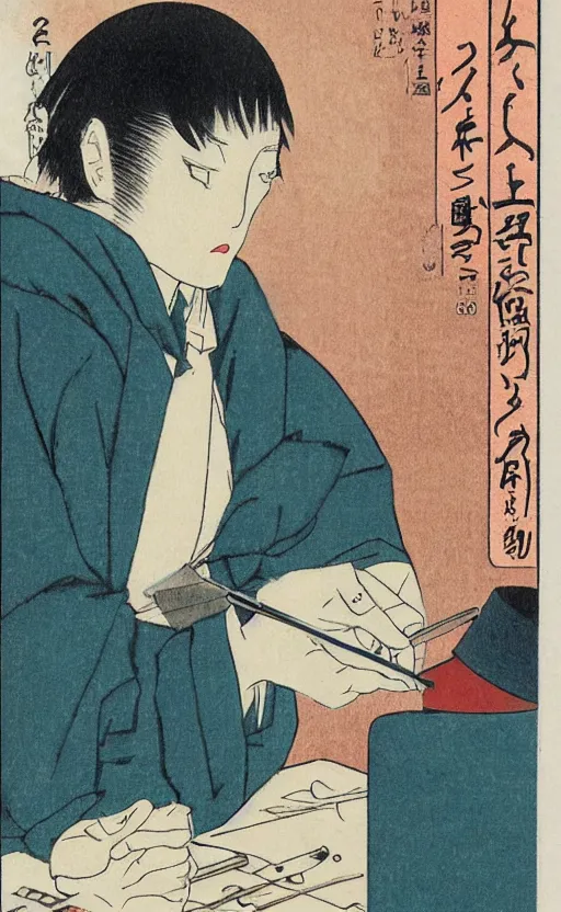 Image similar to by akio watanabe, manga art, a male calligrapher writing next to a lamp, trading card front, winter season, realistic anatomy