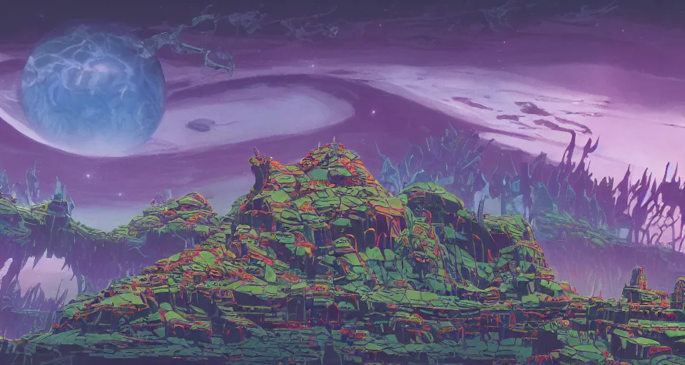 Prompt: a licorice landscape, retro-scifi landcape, moons in the sky, wide-angle shot, angled view, fisheye lens, two point perspective, animation background painting from Thundercats (1985), Masters of the Universe (1983), in the style of Jim Burns, Craig Mullins, clean scan, artstation trending, digital painting, many small details, 8k