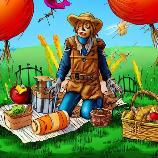 Image similar to scarecrow has a picnic, extremely photorealistic