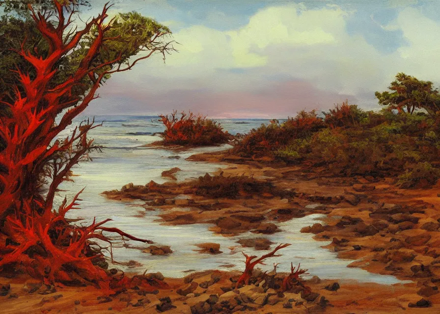 Prompt: red river with skull shaped pebbles on the shore surrounded by spikey trees, landscape, oil painting