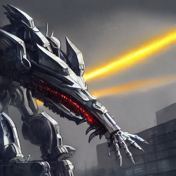 Image similar to hyper realistic, epic, highly detailed cinematic full body shot of a gigantic feral mecha canine, sharp metal claws, cannon mounted on back, sleek armor, glowing visor, destroying city, digital art, furry art, macro art, dragon art, furaffinity, deviantart, sofurry