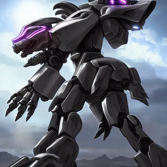 Image similar to hyper realistic, epic, highly detailed cinematic full body shot of a mecha canine, sharp claws, sleek armor, glowing visor, destroying city, digital art, furry art, dragon art, zoids art, furaffinity, deviantart