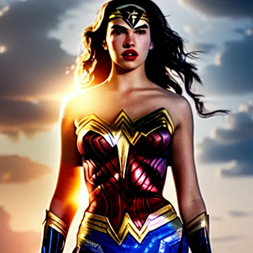 Image similar to a potrait of Dua lipa as wonder woman by Zack Snyder, Christopher Nolan, 8k photorealistic, cinematic lighting, HD, high details, dramatic, trending on artstation, view from below, dark atmosphere,