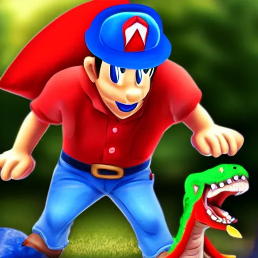 Image similar to italian plumber wearing a red hat and shirt, blue jumpsuit fighting a dinosaur.