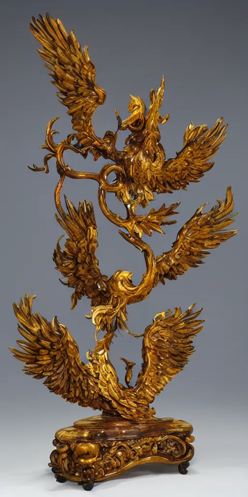 Image similar to baroque wood and gold phoenix sculpture with jade veins