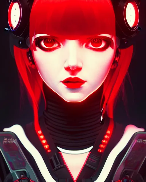 Image similar to a detailed potrait of a cyberpunk cyborg girl with black and red parts, perfect face, realistic shaded perfect face, detailed. night setting. very anime style. realistic shaded lighting poster by ilya kuvshinov katsuhiro, unreal engine, global illumination, radiant light, detailed and intricate environment