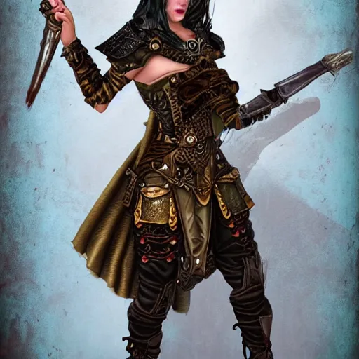 Image similar to full body photo of a fantasy steampunk female warrior