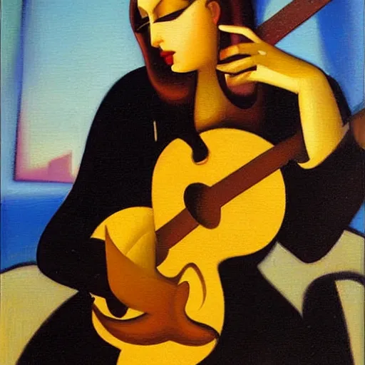 Image similar to goth girl playing electric guitar at dusk, oil painting by Tamara de Lempicka, masterpiece