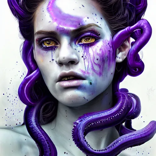 Image similar to detailed art portrait of a furious girl with think, hair-like purple tentacles on her head and bright purple eyes, 8k,by tristan eaton, Stanley Artgermm,Tom Bagshaw,Greg Rutkowski,Carne Griffiths,trending on DeviantArt, face enhance,hyper detailed ,full of colour,