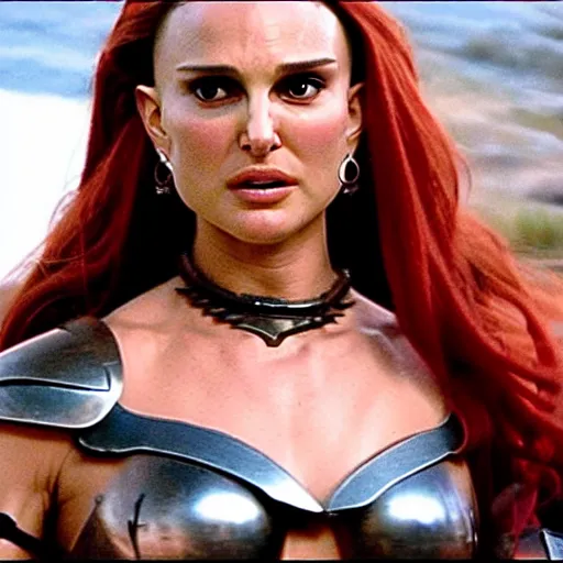 Image similar to natalie portman as red sonja, action scene