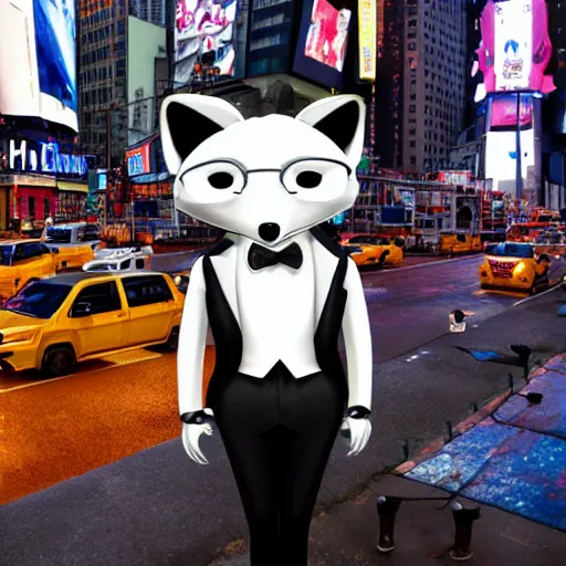 Prompt: anthropomorphic furry fox wearing a tuxedo stands on the times square ,detailed, environment, building, cinematic lights,Digital Art, Artstation