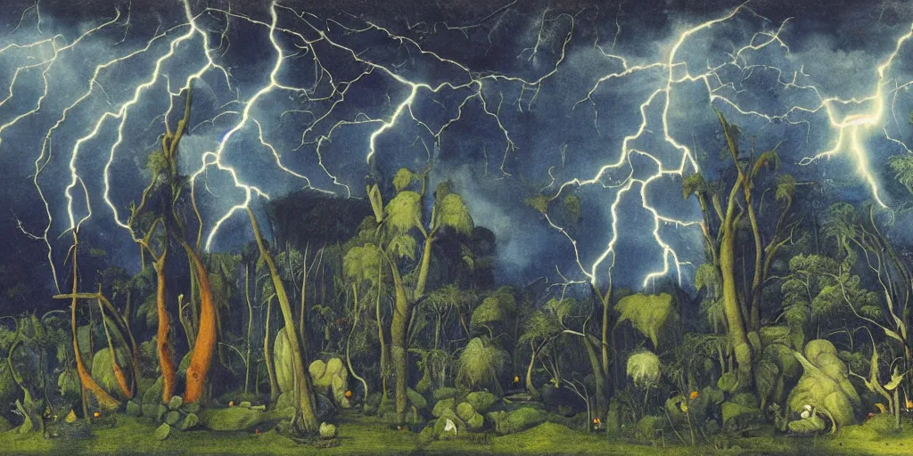 Prompt: a highly detailed color landscape painting of a dense forest by bosch, by giger, by beardsley, lush greenery and lightning bolts coming down from storm clouds in a blue sky