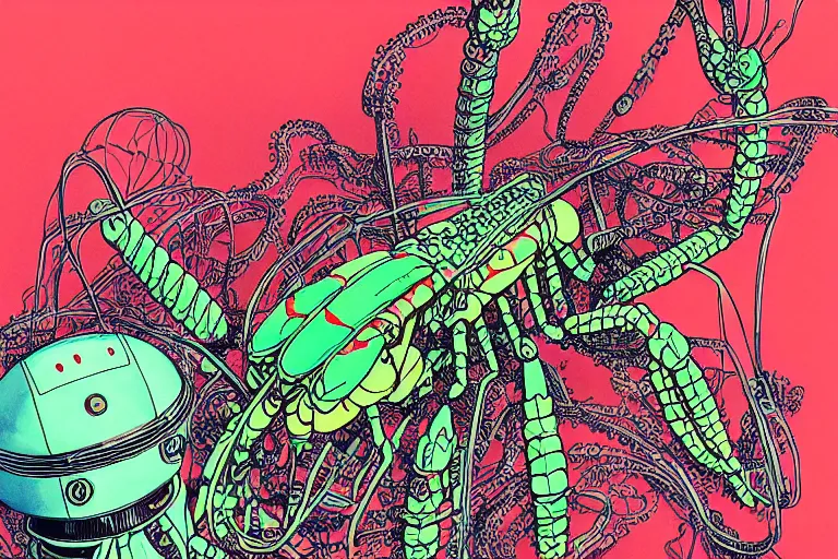 Image similar to risograph grainy drawing vintage sci - fi, satoshi kon color palette, gigantic fat mantis full - body covered with robot parts and wires, with lot tentacles, insects and dragonflies around, painting by moebius and satoshi kon and dirk dzimirsky close - up portrait