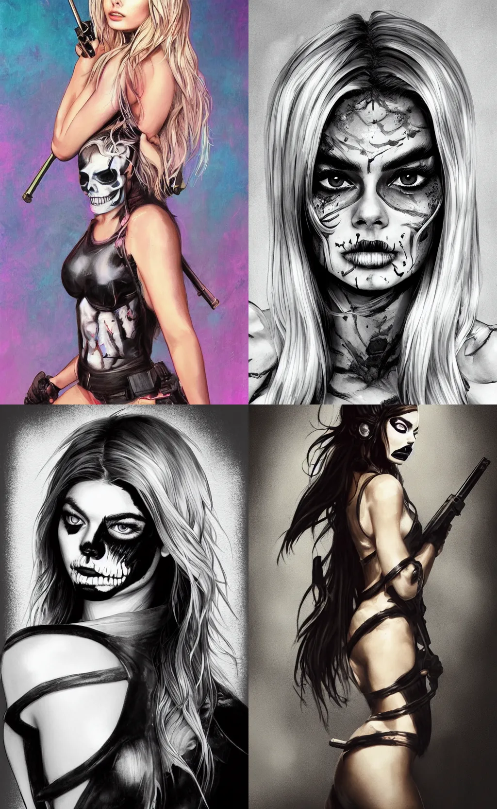 Image similar to in the style of artgerm, Samara Weaving with skull paint on her face, holding a shotgun, standing in a dark alley, night, neon