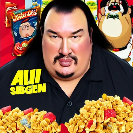 Image similar to obese steven seagal as sponsor of a sugary cereal called aikidos with cartoon rat mascot