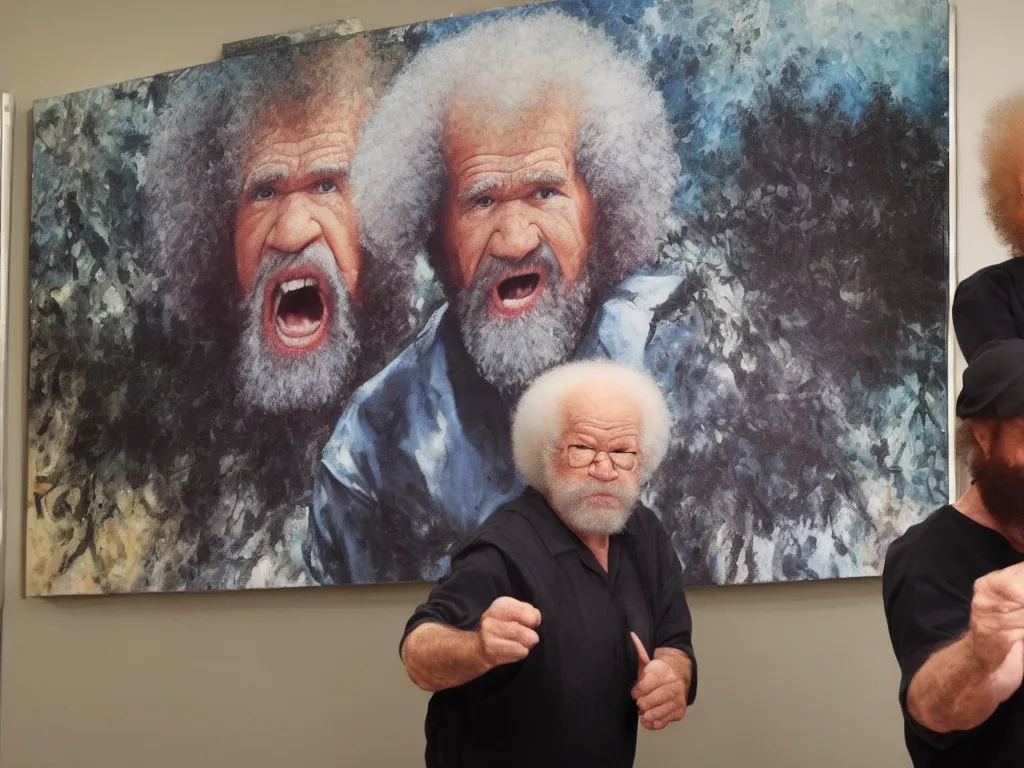 Image similar to old bob ross is sad and angry and yelling at a huge painting by bob ross