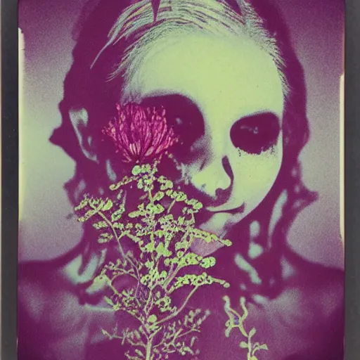 Image similar to a beautiful detailed front view portrait of a rotten woman corpse with fractal plants and fractal flowers growing around, volumetric light, beautiful lit, polaroid photography