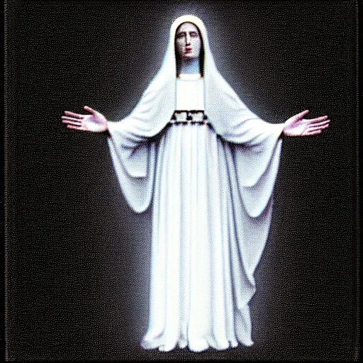 Image similar to vhs static overlay of marian apparition, vhs, 1 9 9 0, highly realistic, highly detailed, vhs noise static, black and white, vhs glitch