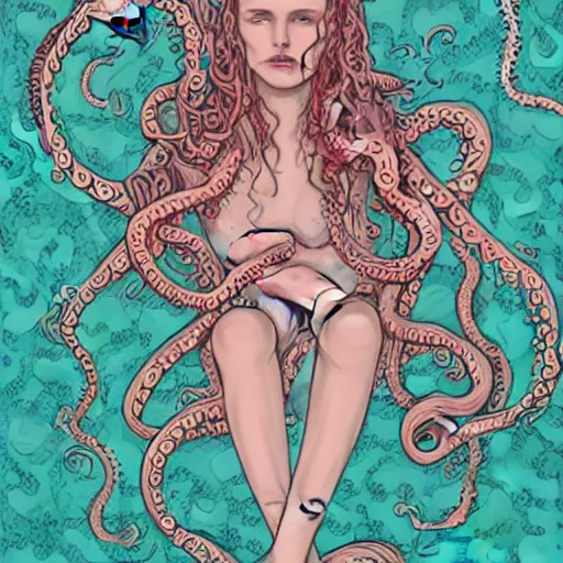 Prompt: a sad humanoid octopus girl with tentacles instead of limbs sitting on the floor, illustration by Martine Johanna