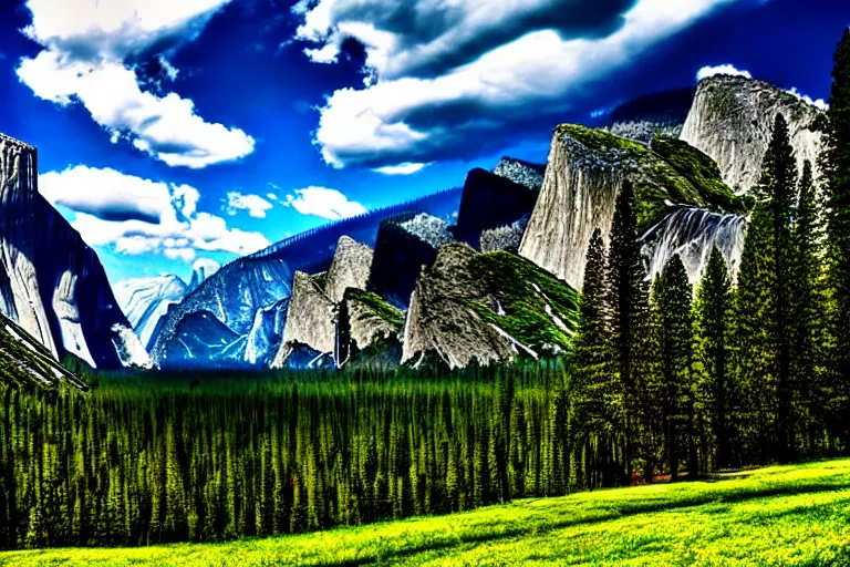 Prompt: wide, lush scenic landscape, grand majestic mountains, valley, yosemite, blue sky, white clouds, professional photography, realistic, cinematic, highly detailed