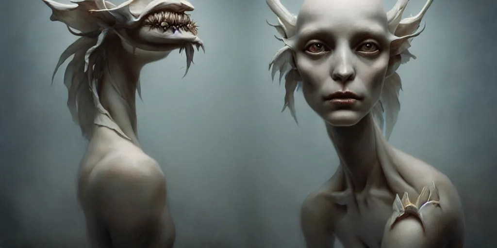 Image similar to ultra realistic, beautiful female puppet moving through latent spaces, in the style of peter mohrbacher by weta digital and beth cavener, high symmetry, intricate, elegant, evocative, masterpiece, award winning, high face symmetry, high realism