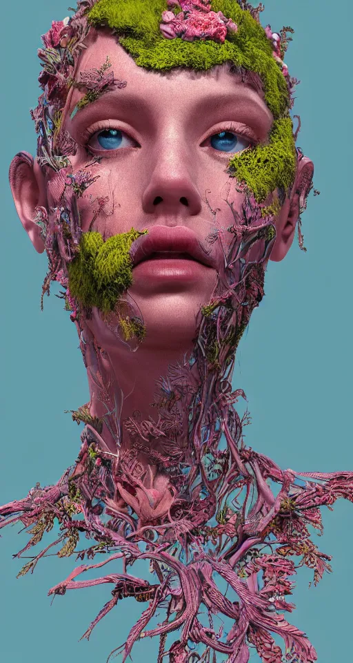 Prompt: cinema 4d colorful render, organic, ultra detailed, of a painted realistic face with growing moss, scratched. biomechanical cyborg, analog, macro lens, beautiful natural soft rim light, smoke, veins, neon, winged insects and stems, roots, fine foliage lace, neon and pink details, Alexander Mcqueen high fashion haute couture, art nouveau fashion embroidered, intricate details, mesh wire, computer components, motherboard, floppy disk eyes,mandelbrot fractal, anatomical, facial muscles, cable wires, elegant, hyper realistic, in front of dark flower and feather pattern wallpaper, ultra detailed, 8k post-production