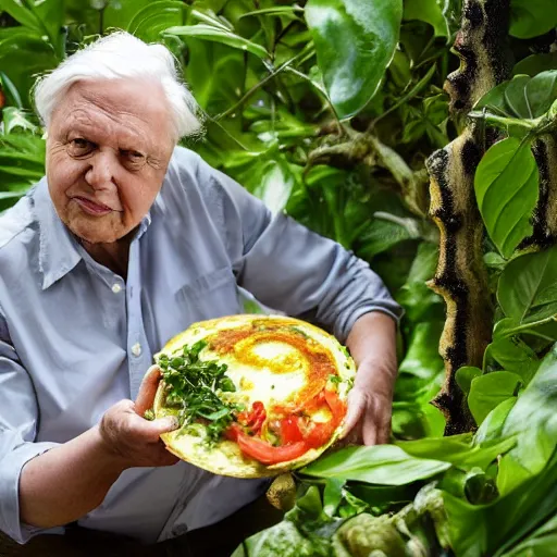 Image similar to David Attenborough looking at an omelette in a jungle while narrating, still, photograph