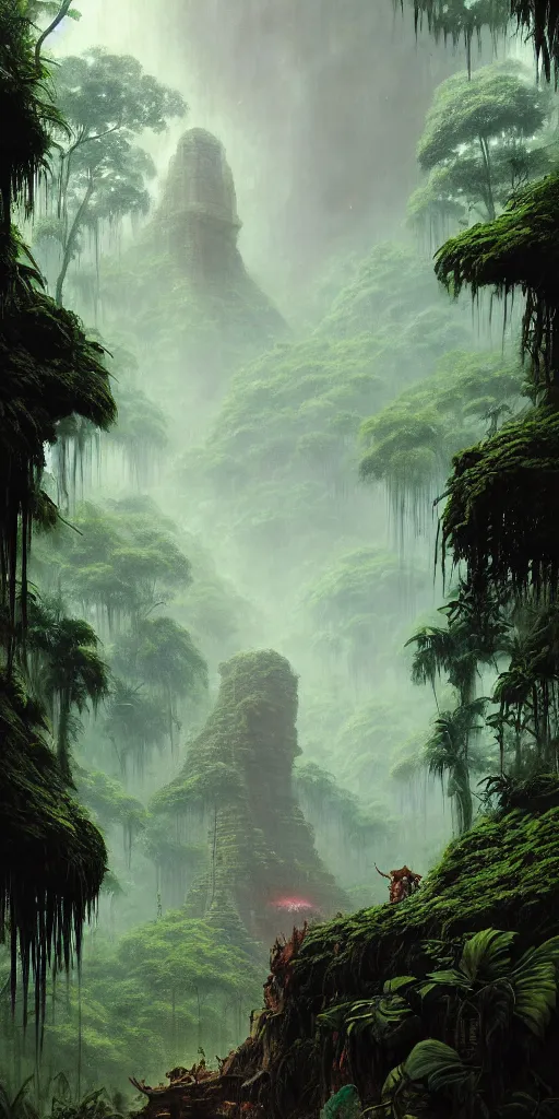 Image similar to a expressive landscape of mayan ancient jungle, artstation, award - winning realistic sci - fi concept art by jim burns and greg rutkowski, beksinski, a realism masterpiece, expressive color palette, james gilleard, bruegel, alphonse mucha, and yoshitaka amano