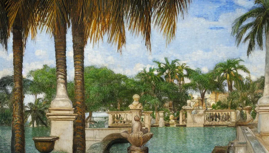 Prompt: a ultradetailed beautiful painting of an old fountain in the amazonas palace balustrade designed by jules bastien - lepage, tarsila do amaral, frank weston and gustave baumann, beach, trending on artstation, mediterranean, palm trees, sharp focus, soft light, 8 k 4 k