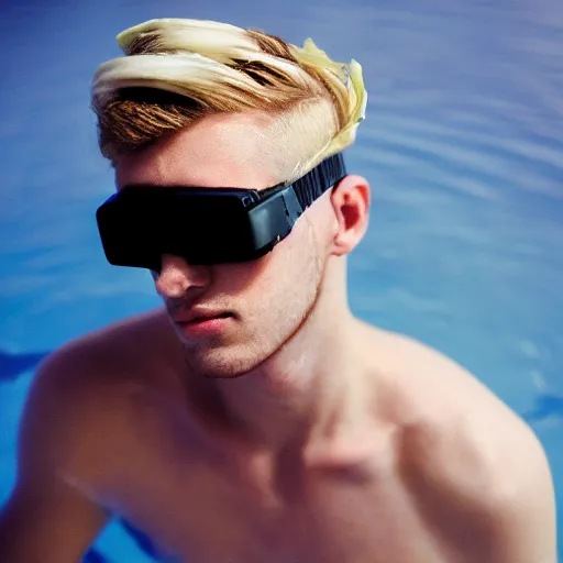 Image similar to close up kodak portra 4 0 0 face portrait photograph of a skinny guy with blonde hair submerged in a elegant tub of white milk, aerial view, wearing cyber goggles, flower crown, moody lighting, telephoto, 9 0 s vibe, blurry background, vaporwave colors, dream aesthetic, dreamy aesthetic, faded!,