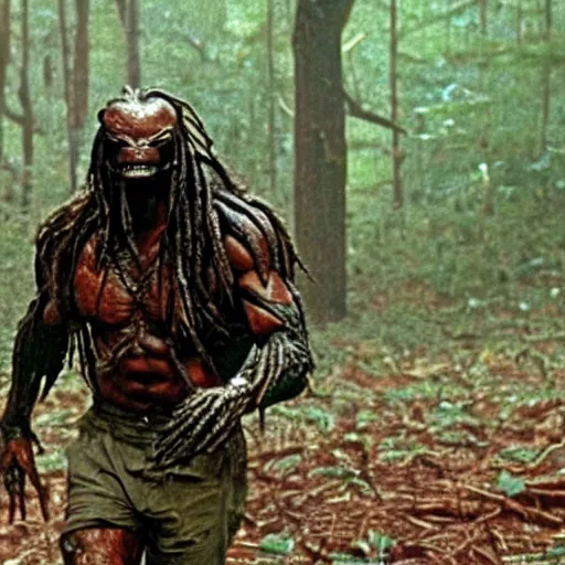 Prompt: forest gump replaced by a monster from the movie predator, still movie shot